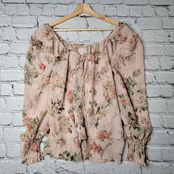 Laurie Felt Pink Blossom Florals Peasant LongSleeve Scrunch Cuff Blouse Size S - Picture 1 of 10
